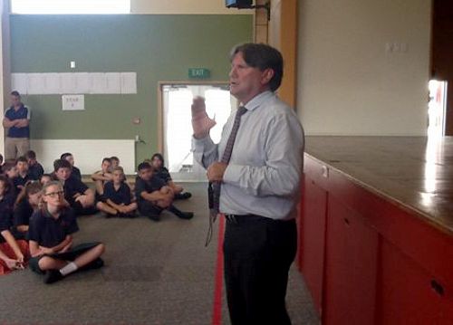 Principal Mr Tony Hunter addresses the new and old