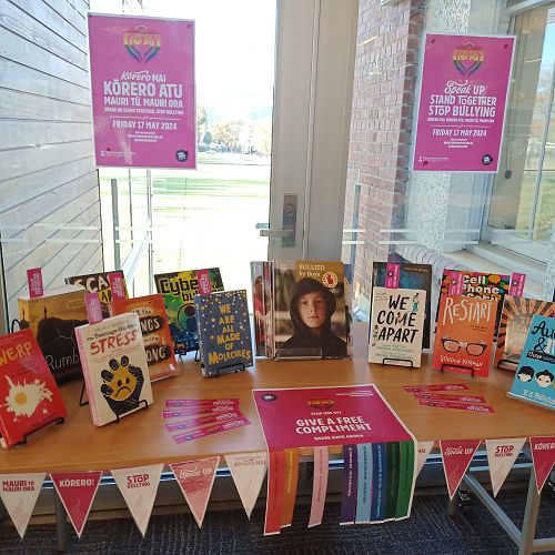 One of the Pink Shirt Day displays in the library.