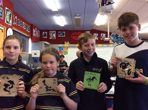 Marae Week 2015 - Finished Maori Design Stencils on Hessian with Paua - Art