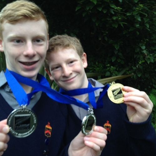 Riley and Keegan Hall with their medals from the Otago/ Southland Karate Championships