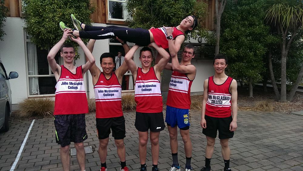 John McGlashan College boys celebrate their success at the Milton Road Relays