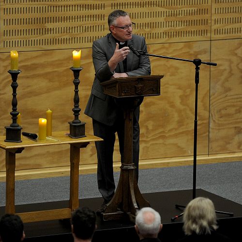 Rev Barry welcomes folk to College Sunday in what he dubbed the Davies cathedral.&nbsp;