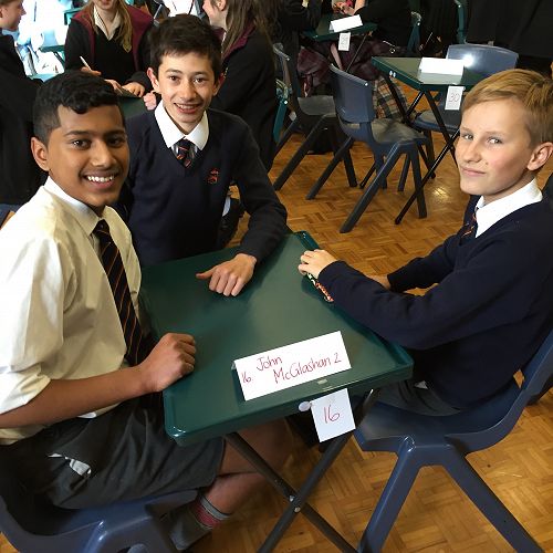 Krishan Luxmanan, Josh Hou and Charlie Grey&nbsp;waiting patiently for the start of the Year 9 & 10 ODT Social Studies Quiz