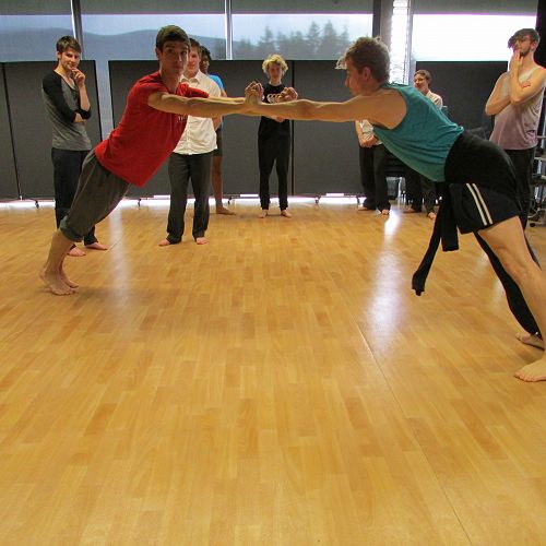 RNZB dancers William and Loughlan show the students how it's done
