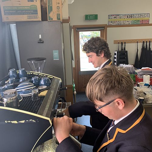 Year 13 students Xavier Radel and Harrison Meltzer at the espresso machine.