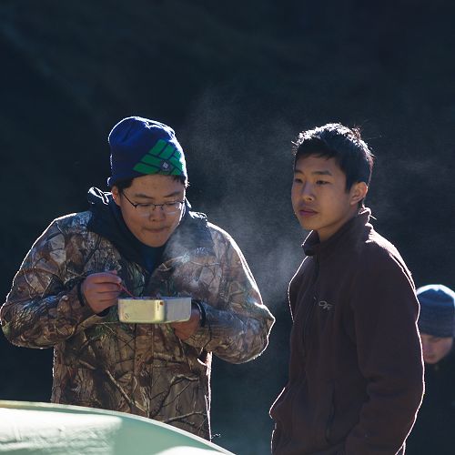 Jin Kim enjoying breakfast in the company of Andrew Goh.