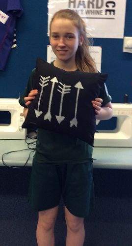 Elizabeth with an intricate screen print design.