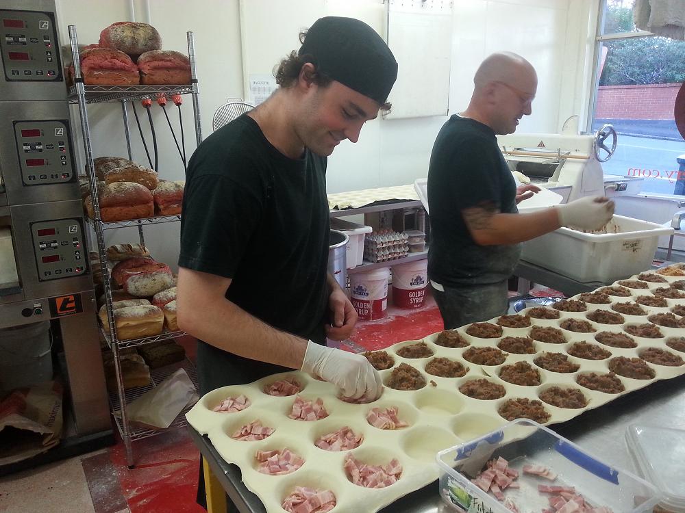 Adam Robinson creating the masterpiece that is the bacon and egg pie, at Spelt Bakery
