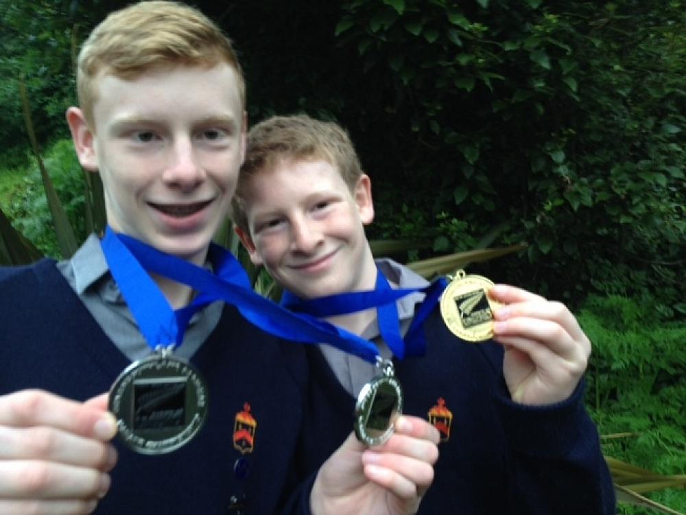 Riley and Keegan Hall with their medals from the Otago/ Southland Karate Championships