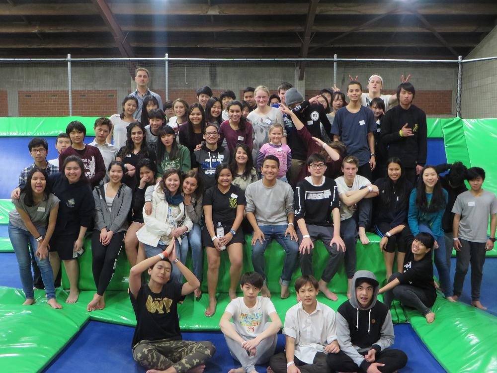 All the participants of the International Social at LEAP trampoline park.