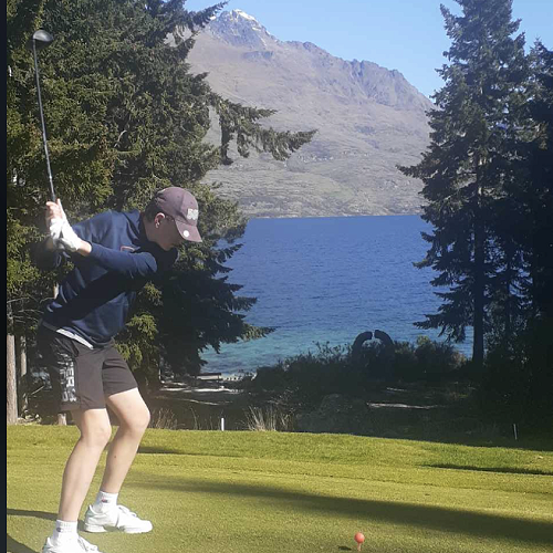 Rising star Jack O'Connor tees off at the Queenstown Gold Club.