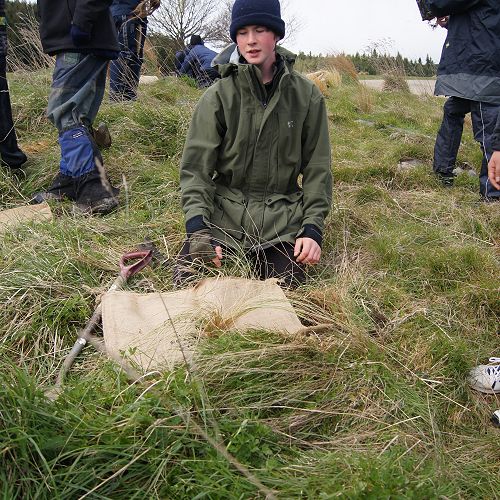 Alex positions sacking to prevent weeds growing around a newly-planted tussock