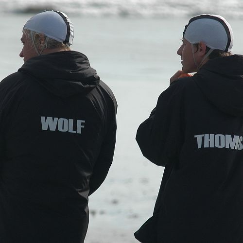 Nathan Wolf and Alex Thomson compete in the Surf Nationals at Ohope Beach