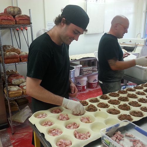 Adam Robinson creating the masterpiece that is the bacon and egg pie, at Spelt Bakery