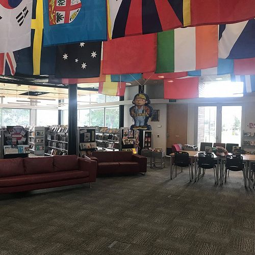 So many nationalities at the school - represented by the flags in the library.&nbsp;