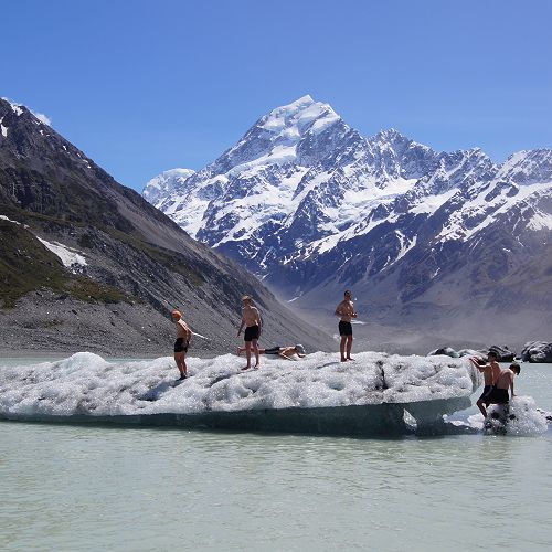 Billy, Nathan and Elliot join George, Tim, Will and Sam on an iceberg in the Hooker Glacier Lake