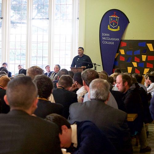 Jamie Joseph addresses an audience of 300&nbsp;