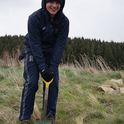 Max planting a tussock at Waipori Falls