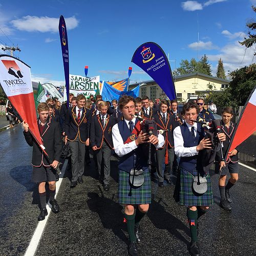John McGlashan pipers, Lochie Chittock and Nicolas Chamberland lead the Maadi procession at one of the biggest secondary school sporting events in Australasia.