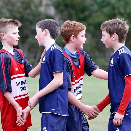 Grayson Westgate and Reuben Cook shake hands with the Waihi players after the&nbsp;Waihi Exchange Football Game.&nbsp;