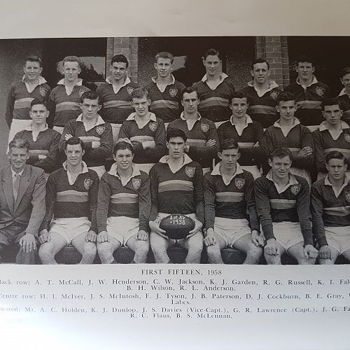 1958 First Fifteen. George Lawrence Captain - front row centre