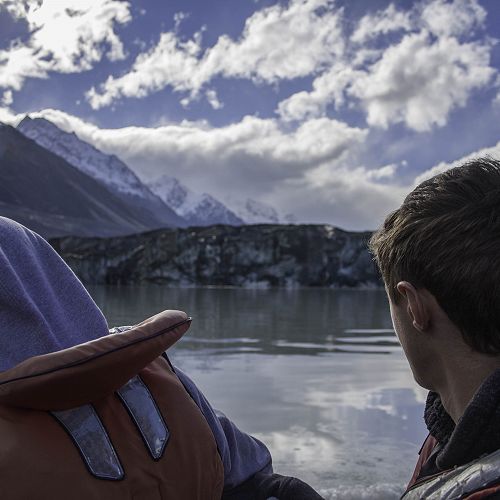 Cam Johnstone and Josef Van Plateringen looking back at the Tasman glacier terminal face.