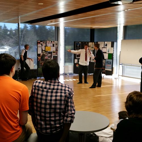 Improsaurus Workshop with Theatresports team. Junior and Senior students are put through their paces in a range of improv exercises and games.
