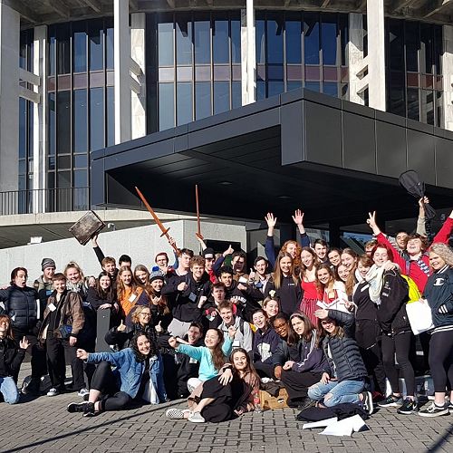 NSSP (National Shakespeare Schools Production) students outside Parliament in Wellington