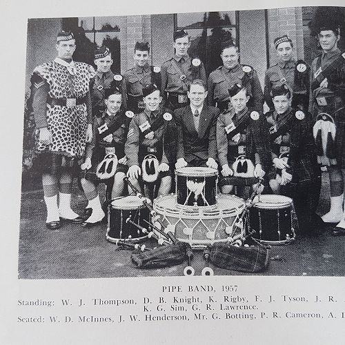 1957 Pipe Band.&nbsp; Drum Major George Lawrence.