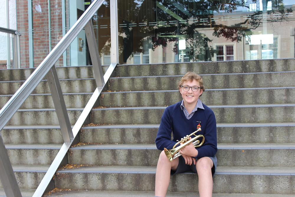 Cornet player Ruan Hannam outside the Edgar Learning Centre