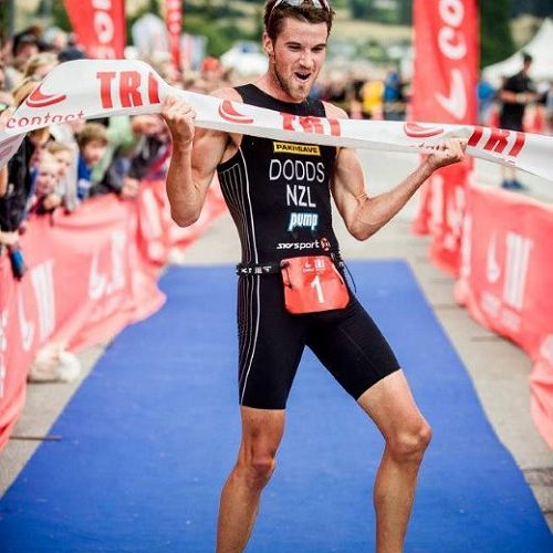 Tony Dodds celebrates winning the Wanaka leg of the Contact Tri Series