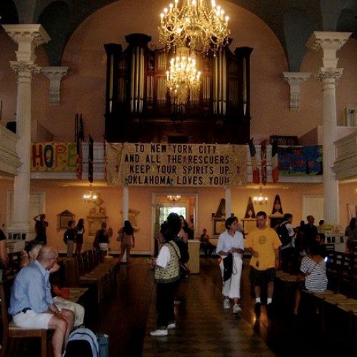 Inside St Paul's Chapel - which was spared from destruction near Ground Zero and became the centre of the relief effort.