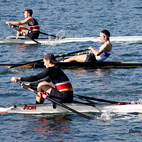 Tom Grave (far left back) and Woody Kirkwood (front) battle it out on the water...