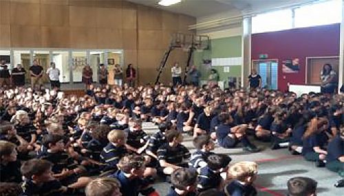 Tahuna students all together in the Hall listen while staff introduce themselves