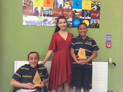 Bernard Family Performing Arts Trophies- Kiringaua Cassidy and Tiara Nafatali with guest speaker Juliette Bernard