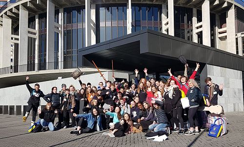 NSSP (National Shakespeare Schools Production) students outside Parliament in Wellington