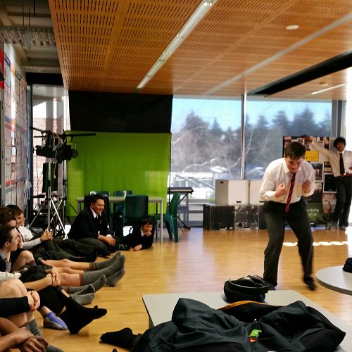 Improsaurus Workshop with Theatresports team. Junior and Senior students are put through their paces in a range of improv exercises and games.