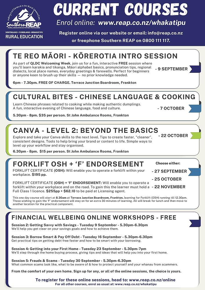 Southern Reap - Upcoming Courses — QPS News - 5 September 25