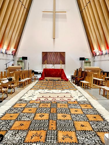 A beautiful tapa cloth, and four wall panels of Tukutuku for the ordination and installation of Bishop-elect Susan Wallace at the Transitional Cathedral on Saturday, 6 June 2026.