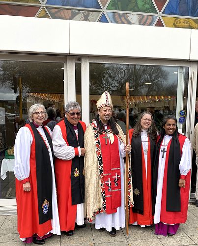 (L-R): Archbishop Kay Goldsworthy of Perth; Bishop Waitohiariki Quayle, Pīhopa of Te Ūpoko o Te Ika; Bishop Susan Wallace (centre); Archbishop Marinez Bassotto, Primate of Brazil and Bishop of the Amazon; and Bishop Ana Fletcher of Wellington.