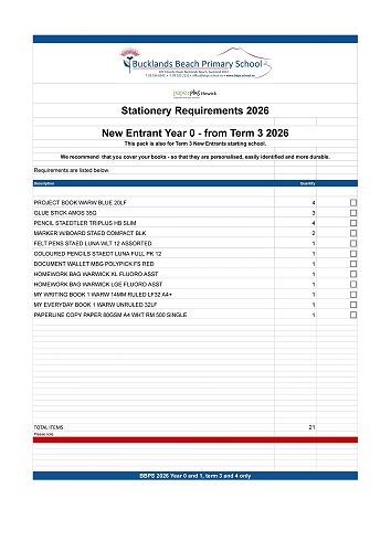 Stationery list BBPS Year 0 Term 3 and 4 2026