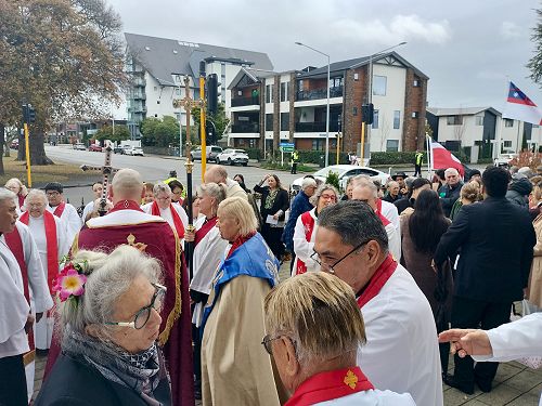 Clergy among Bishop-elect Susan Wallace's whānau, along with her presenters before they are called into the Worship Service.