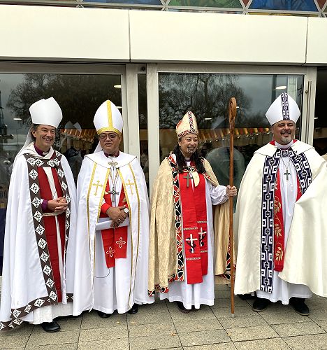 Archbishop Justin Duckworth, Archbishop Sione Ulu'ilakepa, Bishop Susan Wallace, and Archbishop Don Tamihere in front of the Transitional Cathedral on Saturday, 6 June 2026.