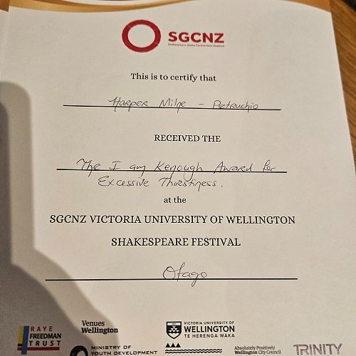 Winners, Best 15 Minute Scene - SGCNZ VUoW Otago Regional Shakespeare Festival 2025