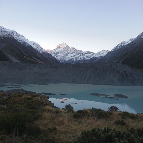 Aoraki Mount Cook over Mueller Lake at Sunset. Not a bad spot...