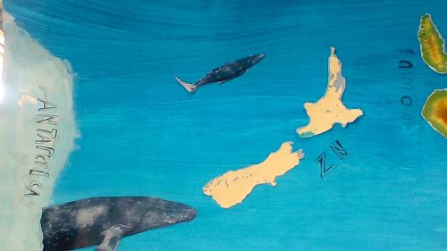 Whale migration artwork by Kayah, St Josephs Waihi