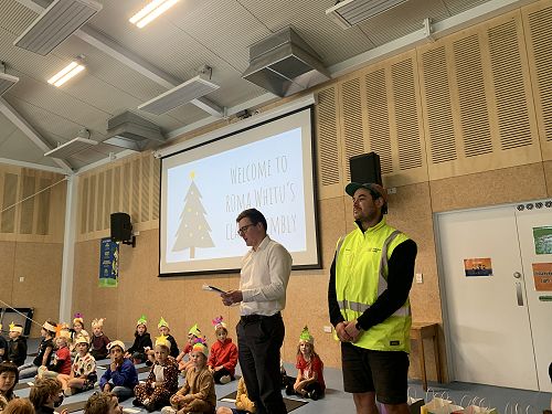Sam and Monty from Naylor Love visit assembly 