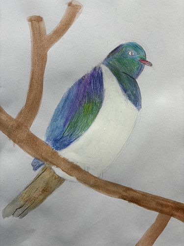 Kererū art with mixed media.