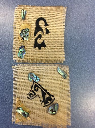 Marae Week 2015 - Finished Maori Design Stencils on Hessian with Paua - Art
